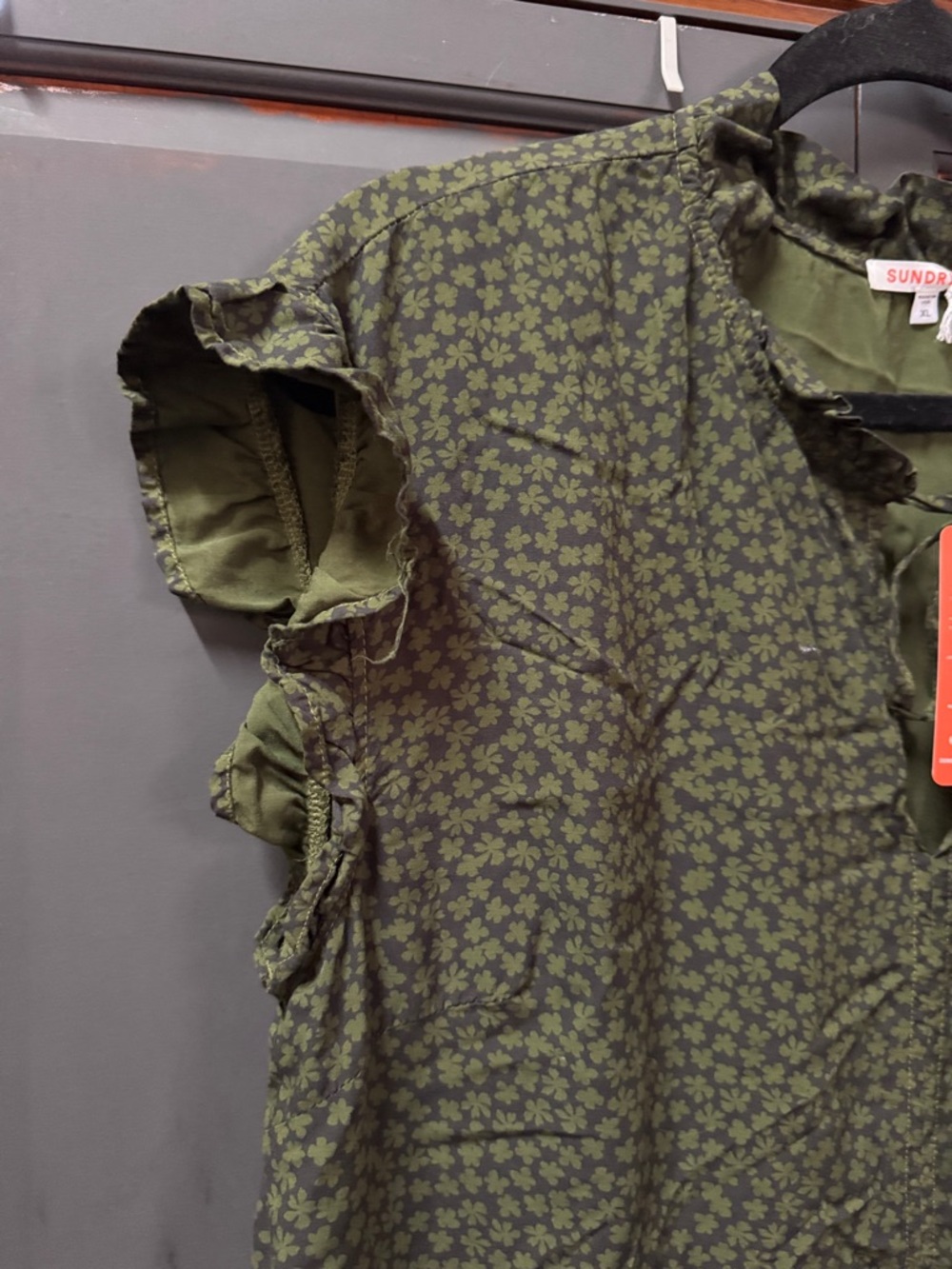 NWT Sundry Olive Green Floral Ruffle Tie-Neck dress - Picture 3 of 11